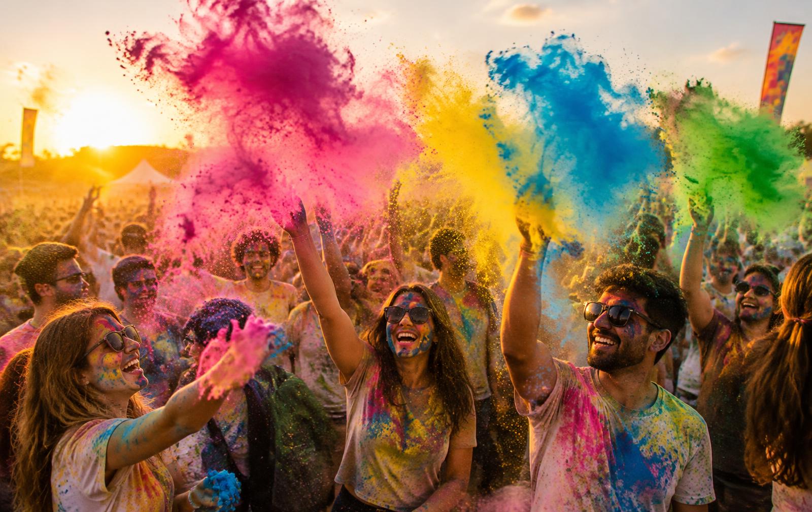 Crowd throwing colour powder at sunset